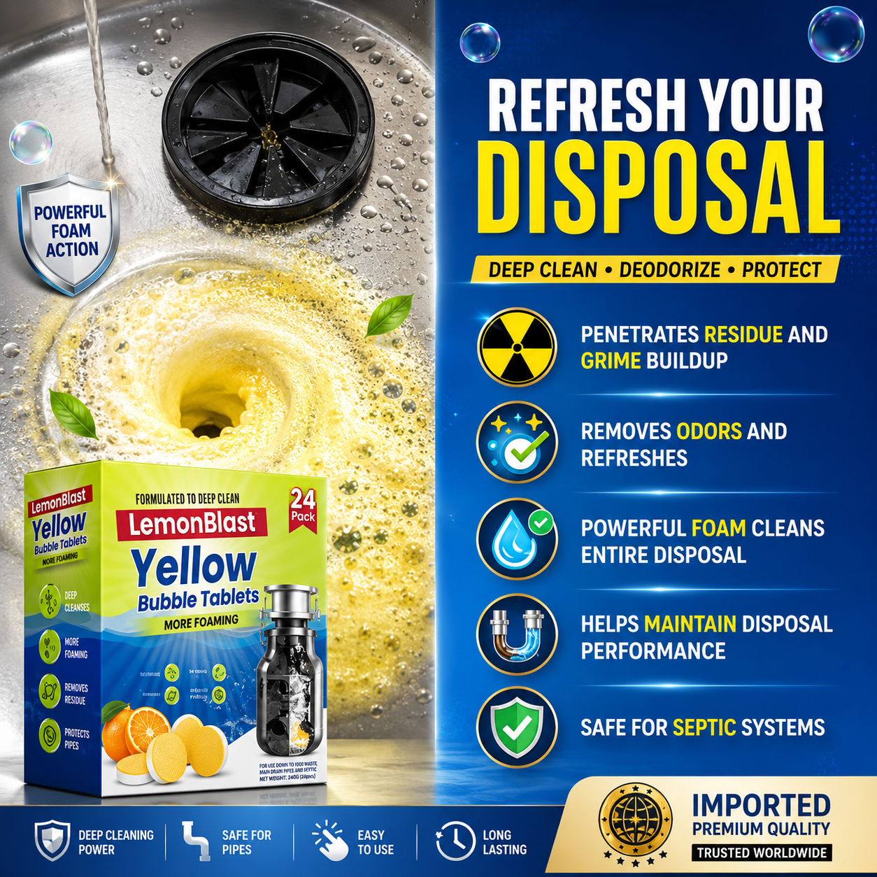 LemonBlast Yellow Bubble Tablets – Odor Eliminator + Blockage Remover (PACK OF 10)