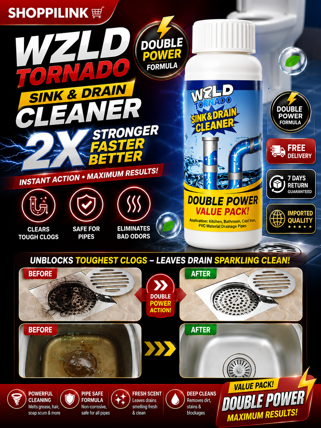 Buy 1 Get 1 Free 🔥 Turbo Blast Drain Cleaner Powder – Double Power Formula (PACK OF 2) Bumper Offer 60% OFF